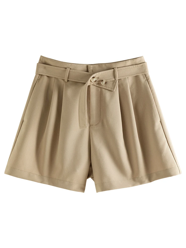 ZIQIAO High Waist Commuter Style Khaki Shorts for Women Summer New Loose Wide-leg Casual Sense Solid Color Pants Female