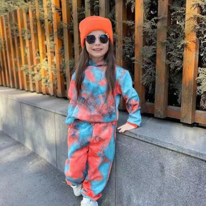 1-8years Autumn Baby Girls Clothes Autumn Children\'s Clothing Sets Tie Dye Long Sleeve Hooded Shirt+Sport Pants Toddler Kids