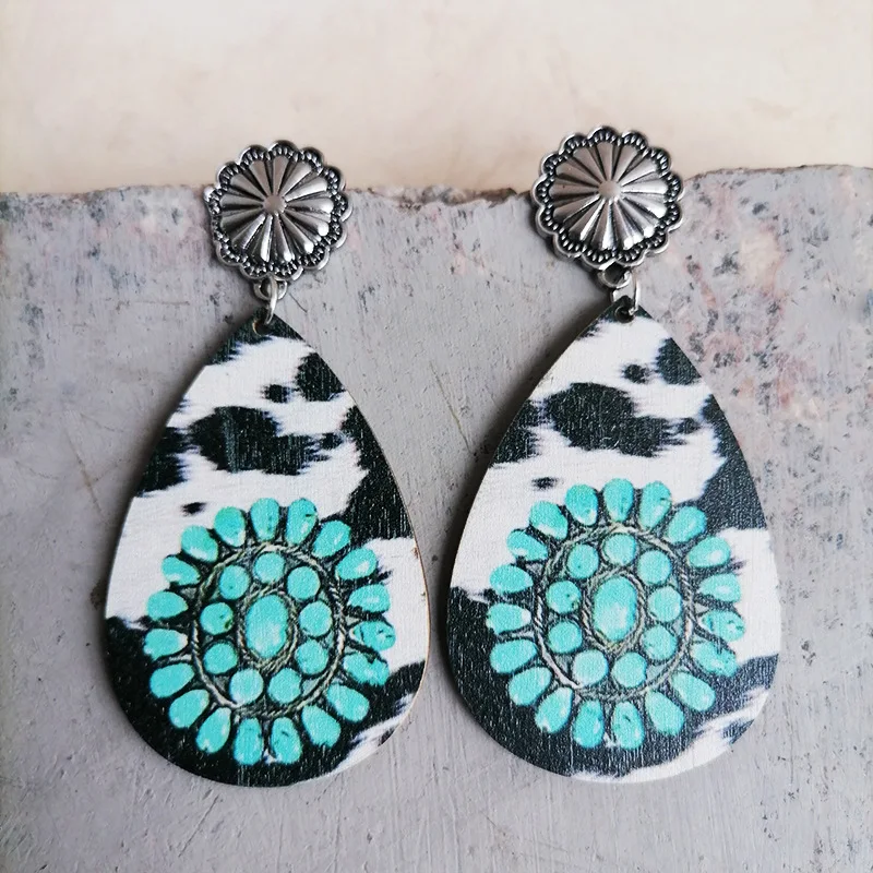 Vintage Turquoise Pattern Water Drop Wood Earrings Imitation Horsehair Print American Pumpkin Flower Stud Women Jewelry