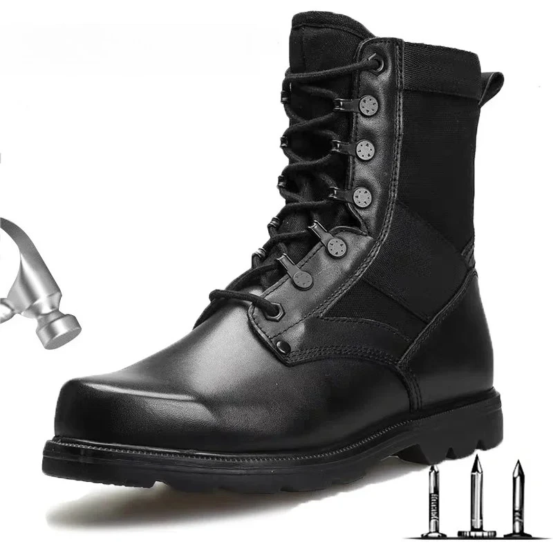 Men's Tactical Combat Boots Men Ultralight Steel Toe Work Safety Boots Breathable High-top Boots Plain Black Men Shoes