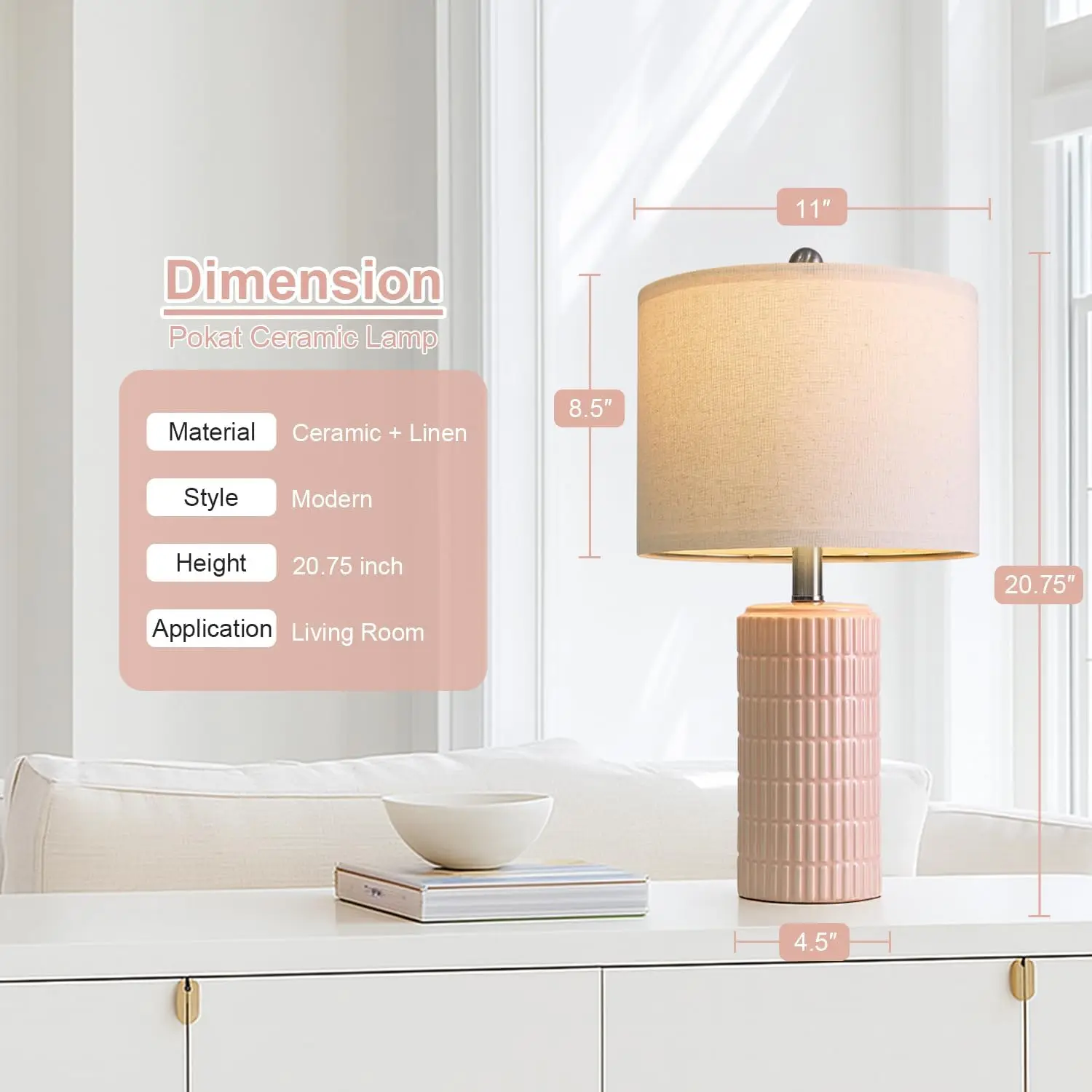 20.75" Pink Ceramic Table Lamps Set of 2, Small Modern Bedroom Lamps for Girls Room, Bedside Lamps for Night Stands view 2
