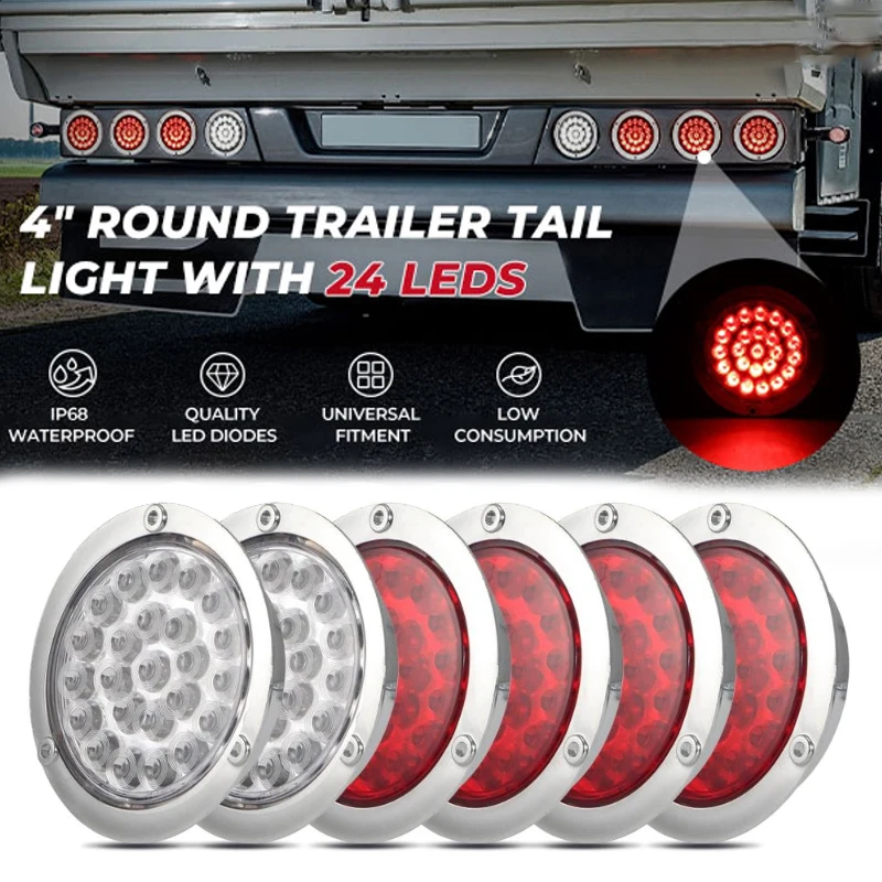 6pcs/set 4 Inch 24 LED Round Truck Tail Light 12V Brake Light Signal Indicator Lamps