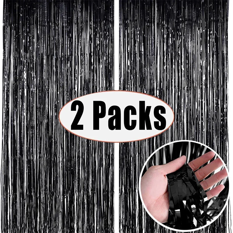 2Pack 1X2M Black Party Backdrop Metallic Foil Fringe Tinsel Curtain Birthday Wedding Bachelorette Anniversary Decoration Adult