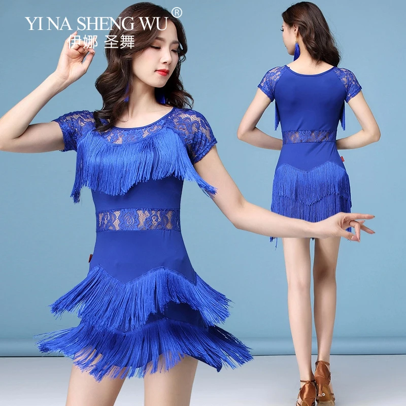 Latin Dans Jurk Vrouwen Sexy Mesh Splicing Kwastje Korte Jurk Volwassen Ballroom/Tango/Salsa/Rumba Concurrentie Prestaties kostuum