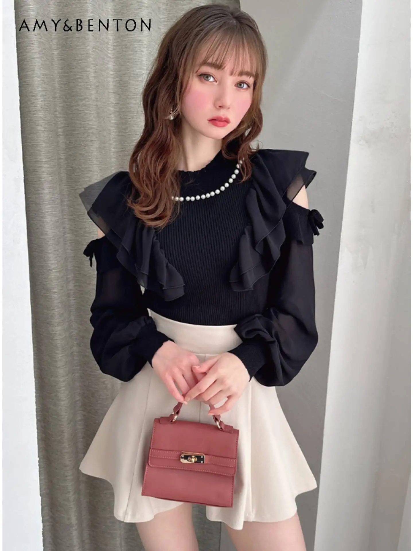 

Japanese Chiffon Ruffle Pearl Round Neck Off-Shoulder Elegant Temperament Elastic Long Sleeve Knitted Top Fairy Style Short Tops