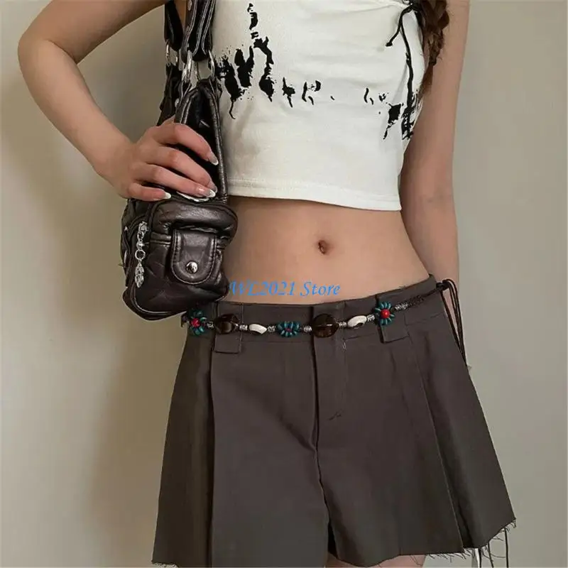 

G5GC Bohemian Wax Rope Waist Cincher with Resin Beads Decorative Belt Unique Statement Jewelry for Skirts and Dresses