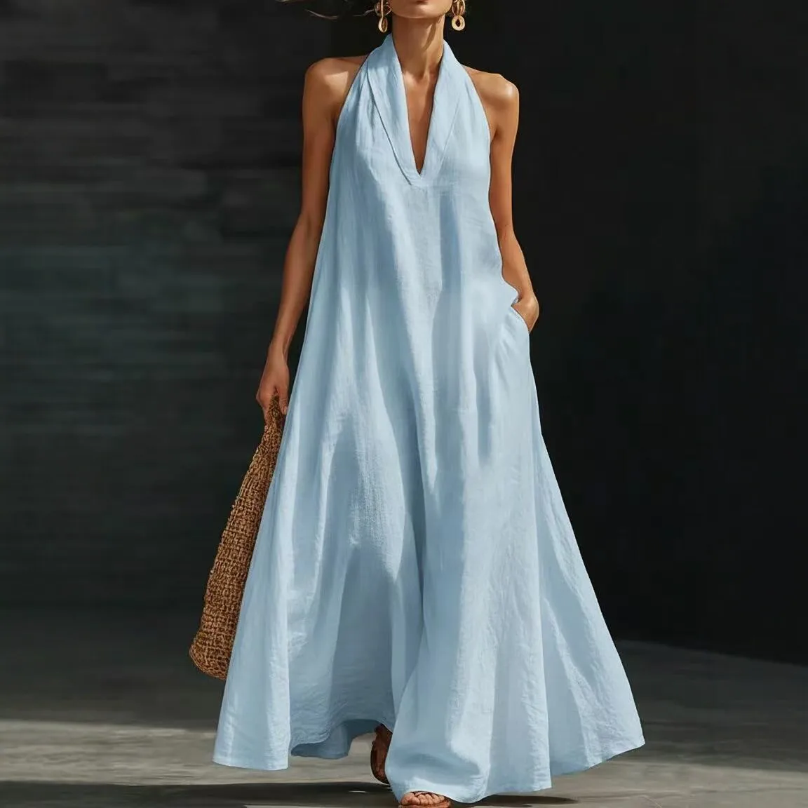 

2026 New Resort Style V-Neck Sleeveless Loose Long Skirt Women’s Summer Seaside Beach Jumpsuit