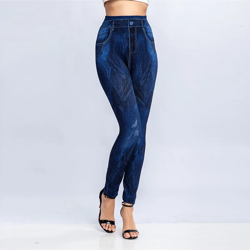 Damen Denim Print Leggings Weibliche Mode Schlanke Leggings Faux Jeans Leggings Lady Stretch Bedruckte Leggins Hosen
