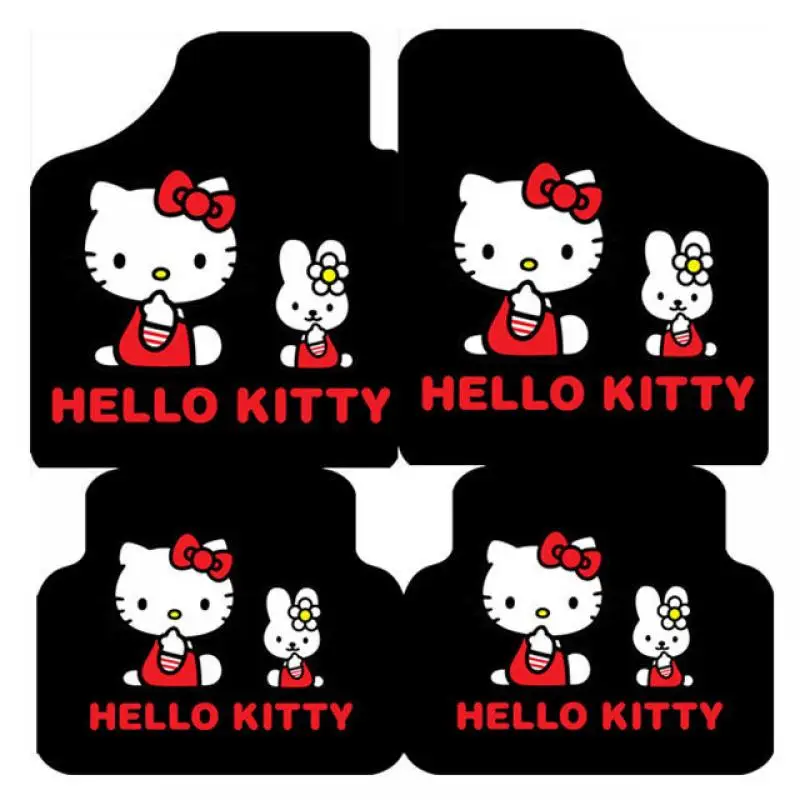 4 Piece Set Hello Kitty Car Cushion Kawaii Card Cover Floor Mat Fashion Cartoon Figure Pattern Mat Soft Winter Convenient Decor