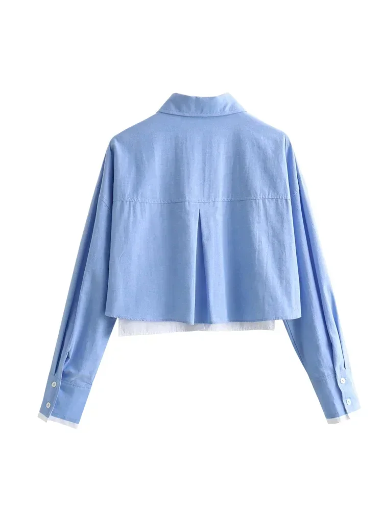 Ladies Fashion Crop Oxford Blouse Shirt Women High Street Lapel Long Sleeve Pocket Chic Office Outfits Top Shirt Blusas Female