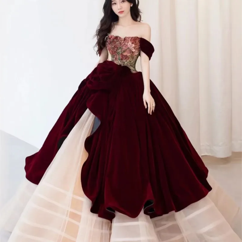 

Rose red one-line shoulder slimming design sense banquet toasting dress pondy skirt