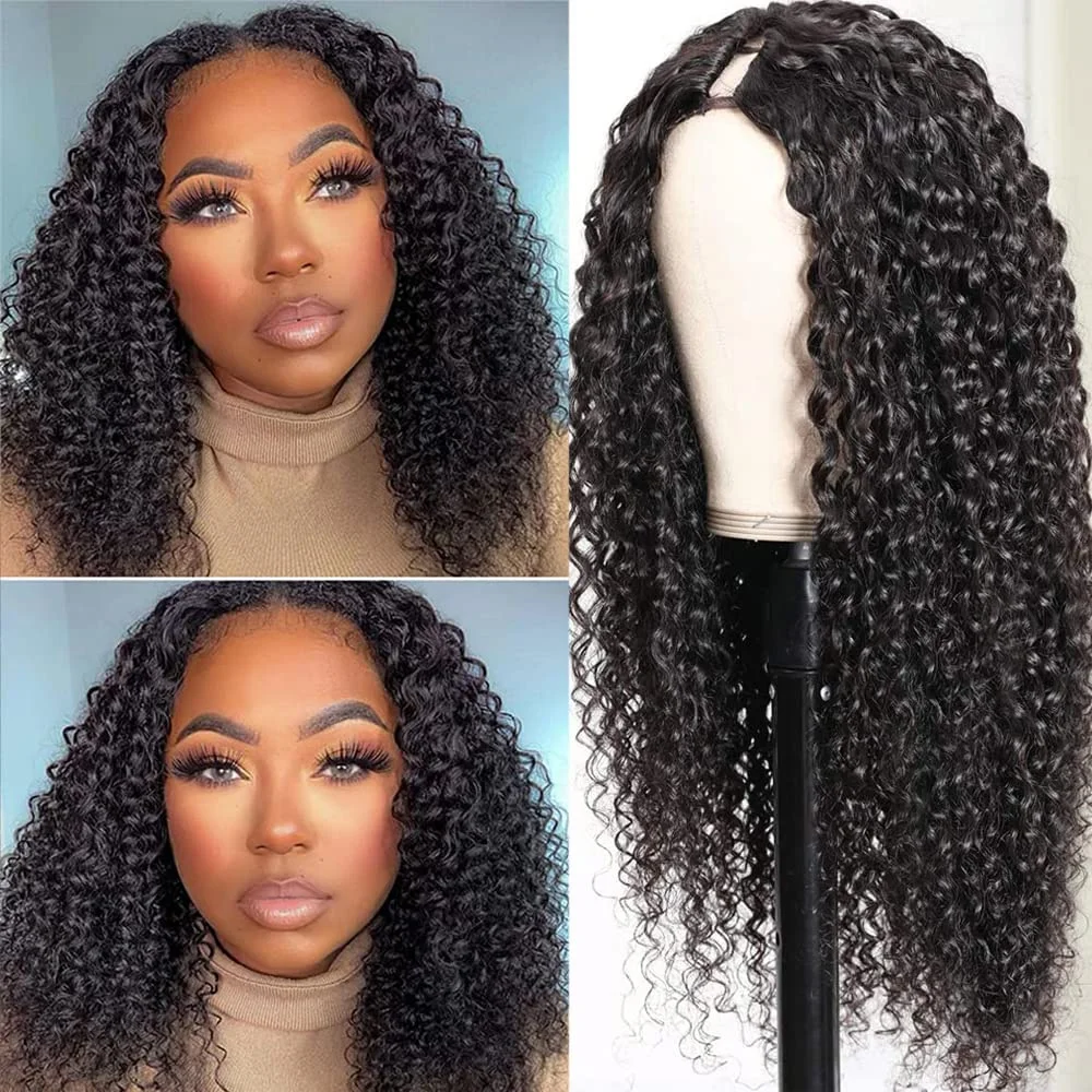 Kinky Curly V Part Wig Human Hair Wigs for Black Women V Part Wigs Kinky Curly Machine Made 180% Density Natural Color