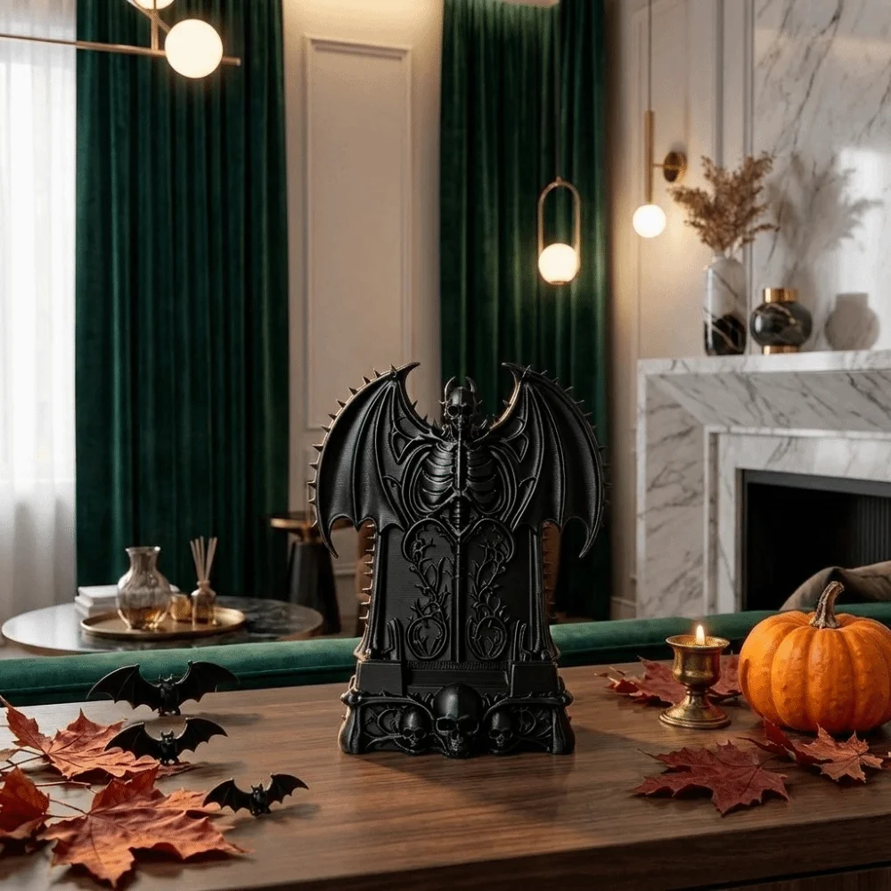 3D Printed Skull Phone Stand Dark Fantasy Spooky Devil Bat Phone Storage Rack Stable Plastic Cell Phone Holder Dorm Room