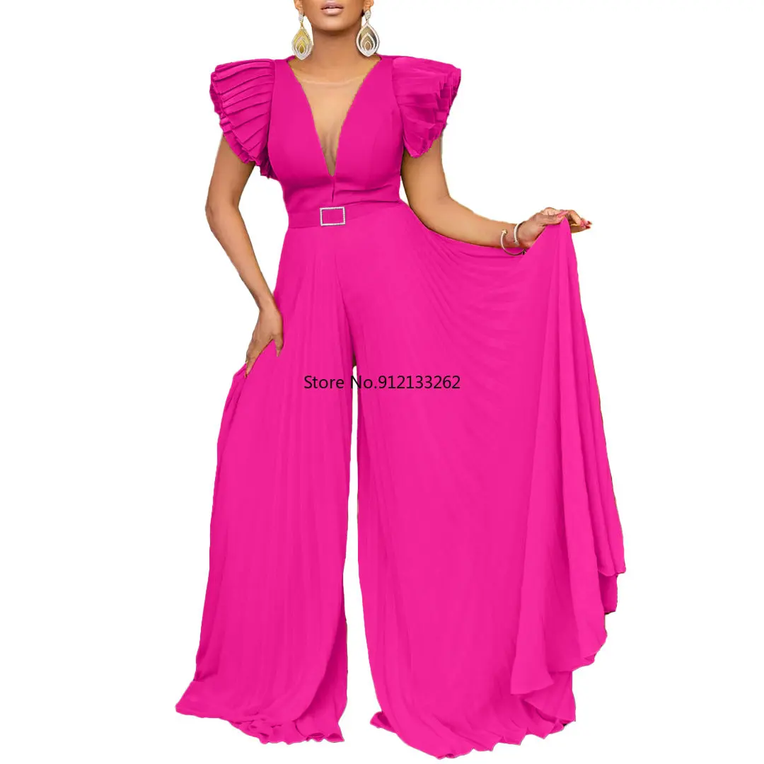 Plus Size African Clothes For Women Ruffles Sleeve Pleated V-neck Jumpsuit Dashiki Ankara Rompers Africa Wedding Party Gown Belt