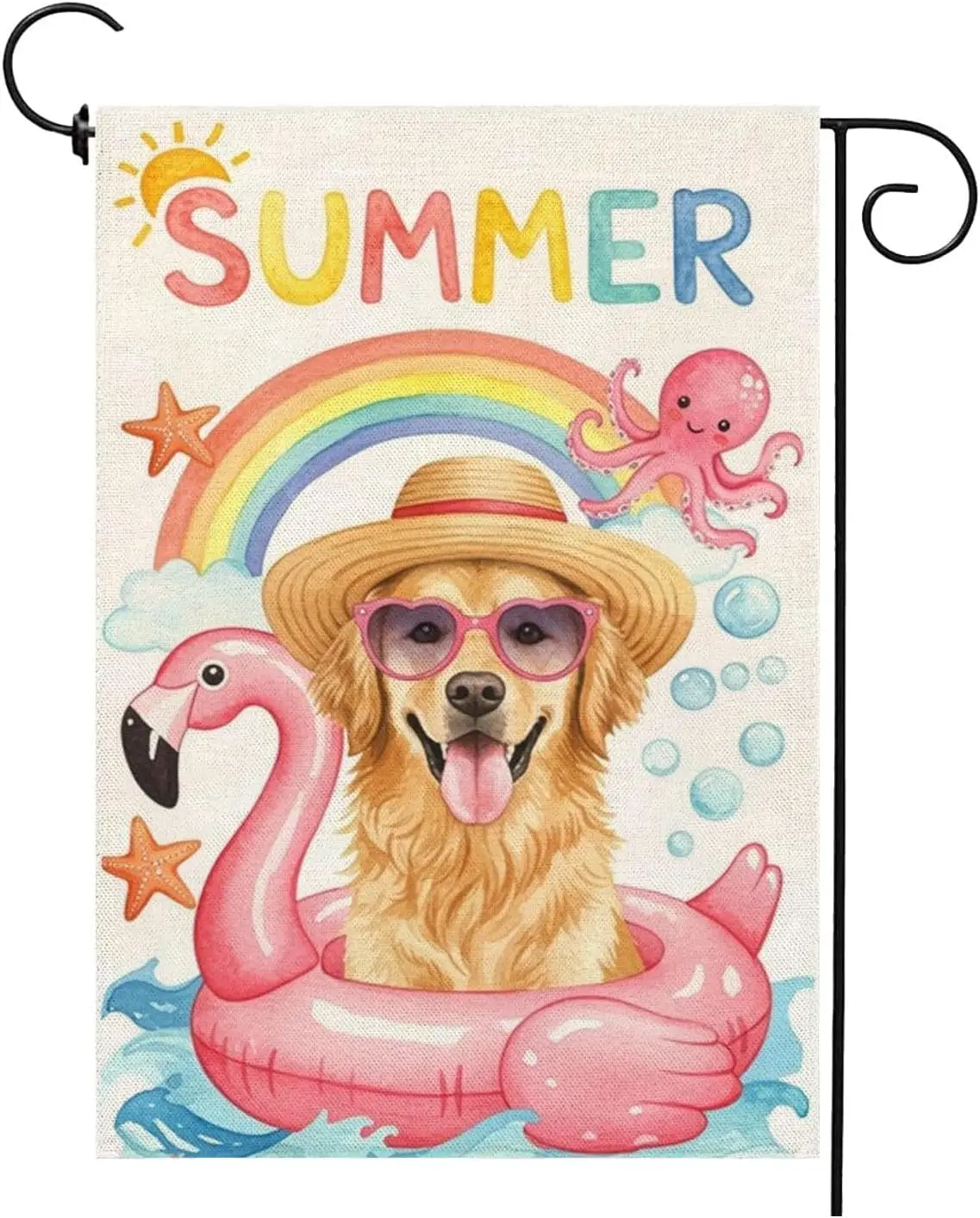 Banderas de jardín para piscina de verano, 12.0 x 18.0 in, doble cara, para exterior, perro Golden Retriever con gafas de sol, sombrero para el sol de flamenco, pequeño Seaso WWL