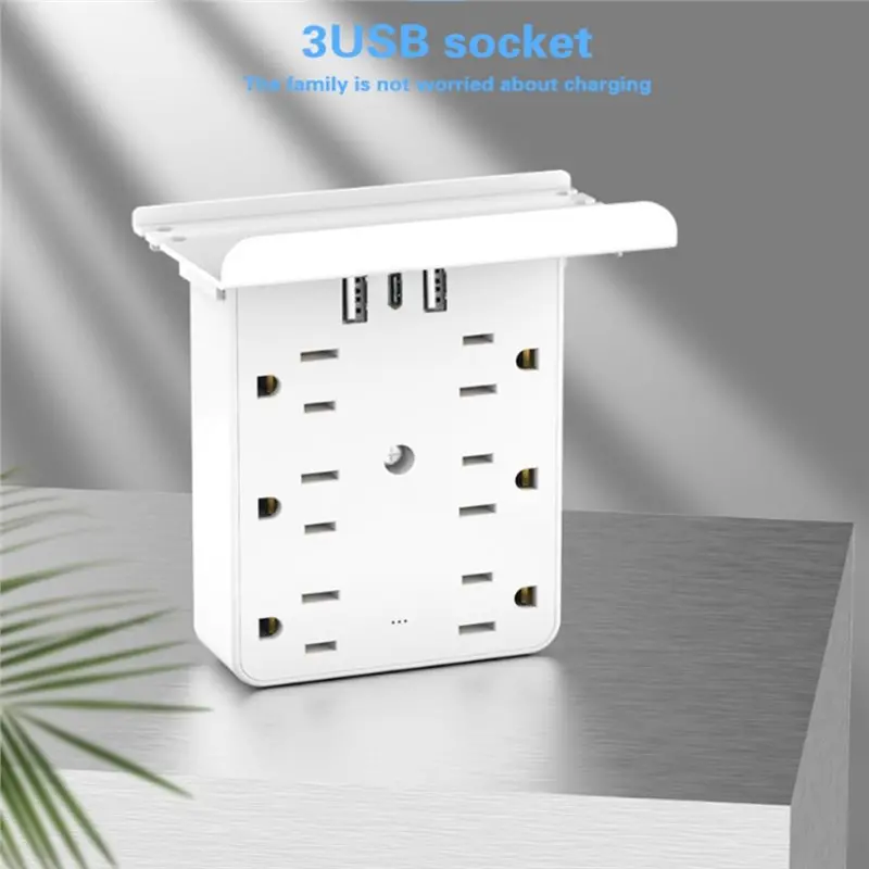 SYW-Wall Mountable Multi-Plug Outlet Extender With Night Light 10-In-1 For Home/Office Desk Organizer US Plug