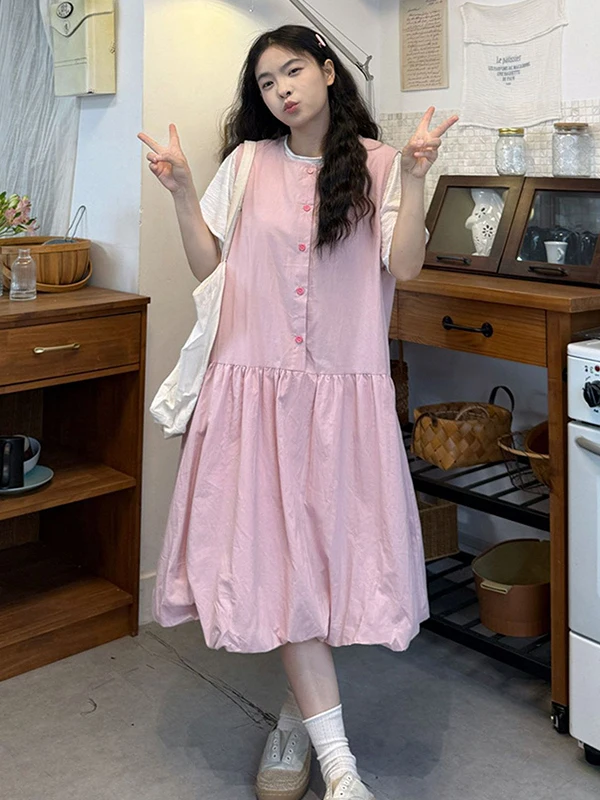 

plus Size 300 Pounds Sweet Pink Flower Bud Skirt Short Sleeve Women's T-Shirt Vest Two-Piece Set Korean Style Loose Fit Summe...