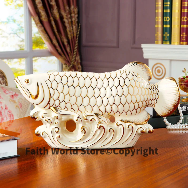 

2024 HOME company shop good luck Business career prosperous High grade porcelain Wealth Arowana dragon fish sculpture Decoration