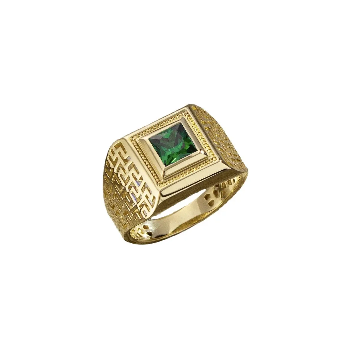 Simple and stylish square green zircon striped men\'s ring