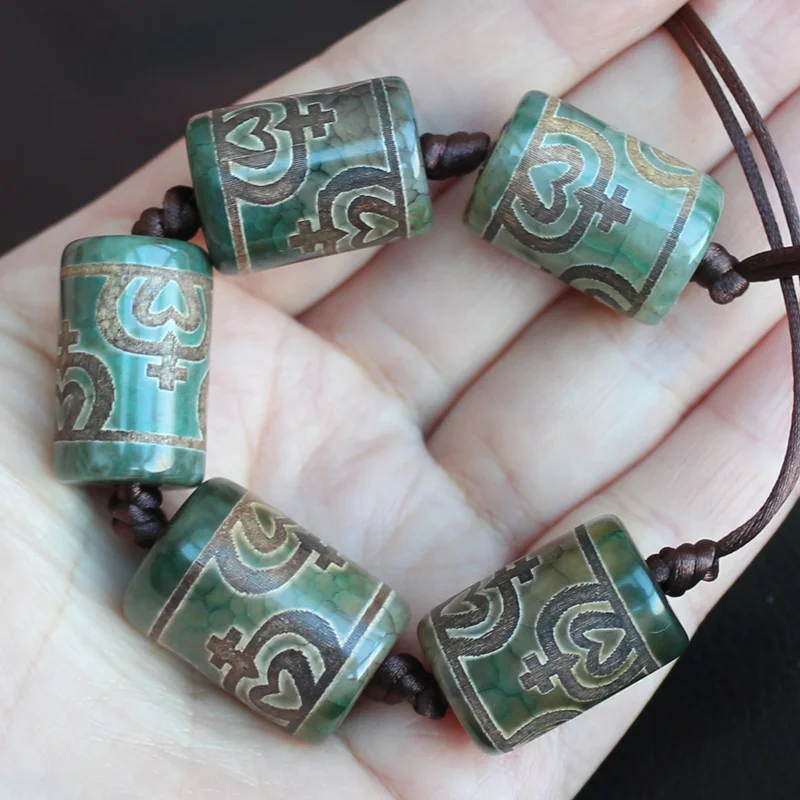 5pcs ,13-15x20-25mm Green Ancient Tibet Dzi Agates Drum Shape Beads ,Lucky Symbol,Powerful Amulet,For DIY Jewelry Making !