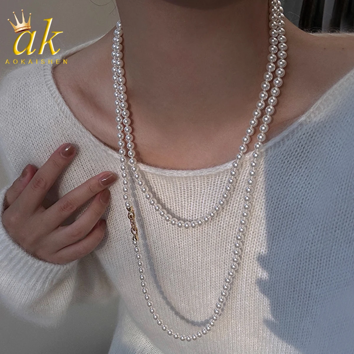 

Aokaishen Pearl Sweater Chain Multiple Layers Long Style Platinum Gray Necklace Versatile High-end Luxurious Jewelry For Women