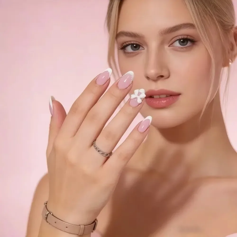 

24Pcs Glossy Medium Almond French Tip Press On Nails With Bow Charm Reusable For Women Girls Daily Party DIY Manicure Supply