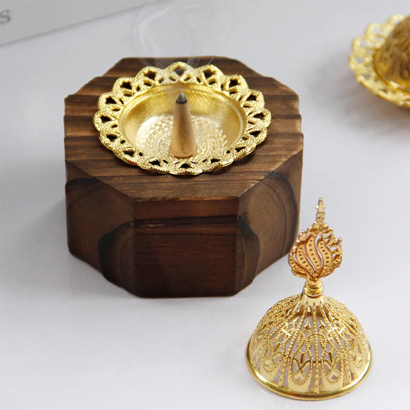 

Wooden Incense Burner Octagonal Gold Metal Middle East Arab Festival Incense Burner Charcoal Incense Holder