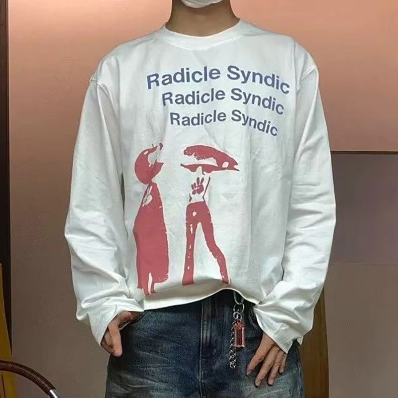 

Y2K Streetwear T Shirt Harajuku Retro Letter Cartoon Pattern Print Oversized T Shirt Hip Hop Round Neck Cotton Long Sleeved Top