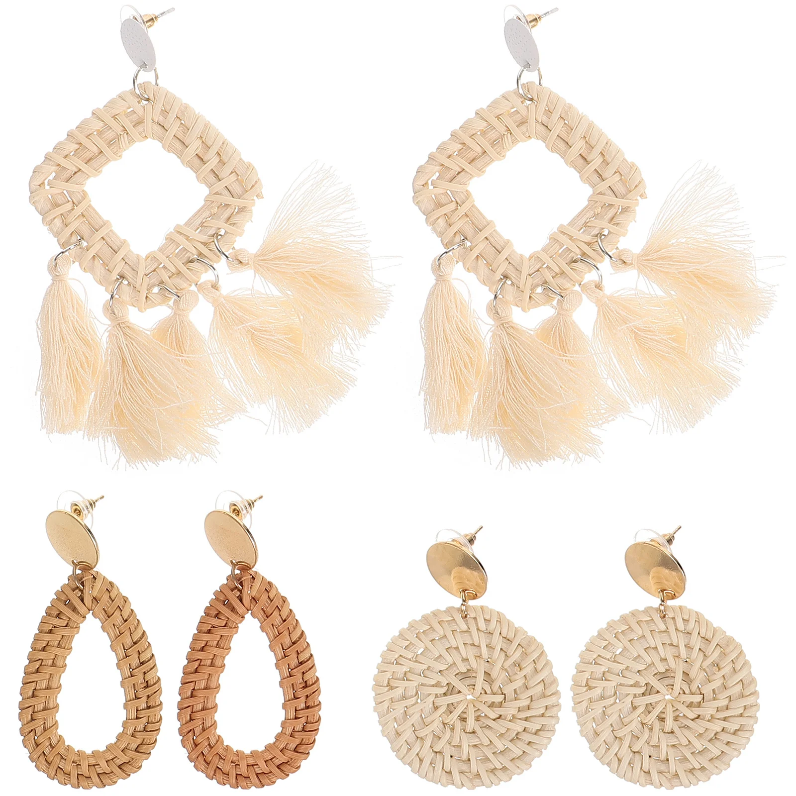 

3Pairs Rattan Earrings Bohemian Beach Style Women Ear Jewelry Delicate Dangle Summer Accessory Fashion Gift Earrings