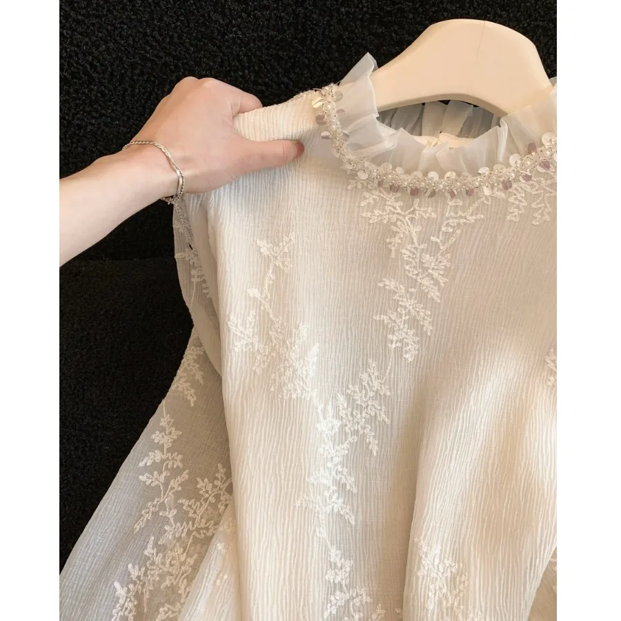 Elegant Lace Trim Base Shirt Women's Fashion Design Sensation Small Audience Spring Autumn Season Polyester Fiber Long Sleeve