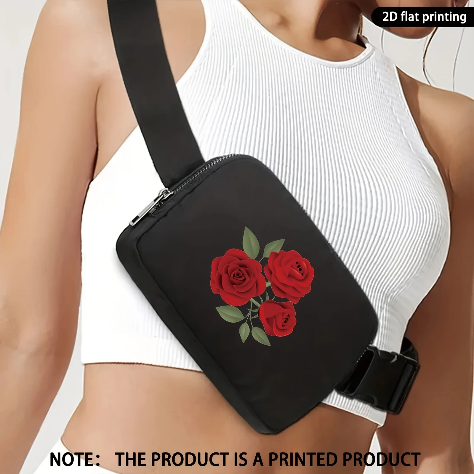 

Стильная и минималистичная черная поясная сумка с рисунком роз, универсальная, с регулируемым плечевым ремнем.