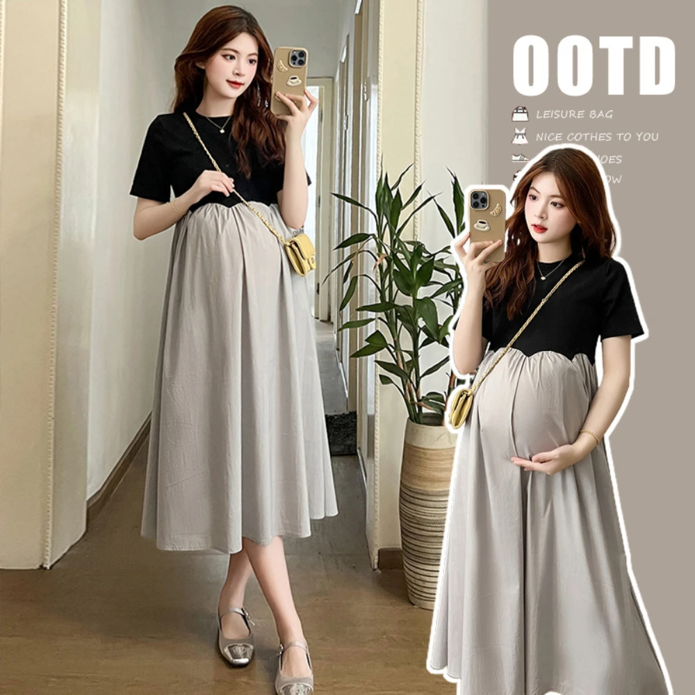 

Maternity Clothes 2024 New Fashion Large Size Loose Covering Belly Pregnancy Dress French Spliced Long Dresses Maternity Dresses