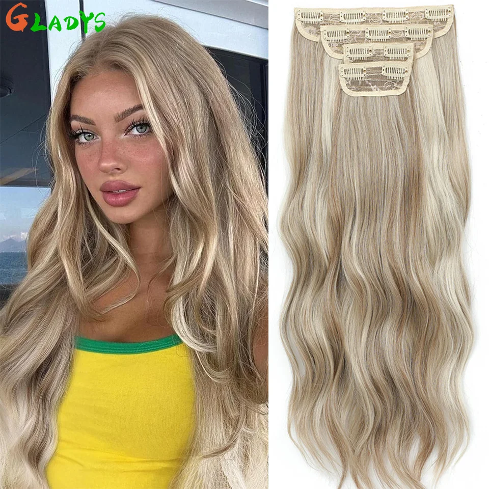

22 Inch Clip Ins Hair Pieces Synthetic Ombre Blonde Clip Ins Hair Extensions 4Pcs/lot Body Wave Hair Piece Extension For Women