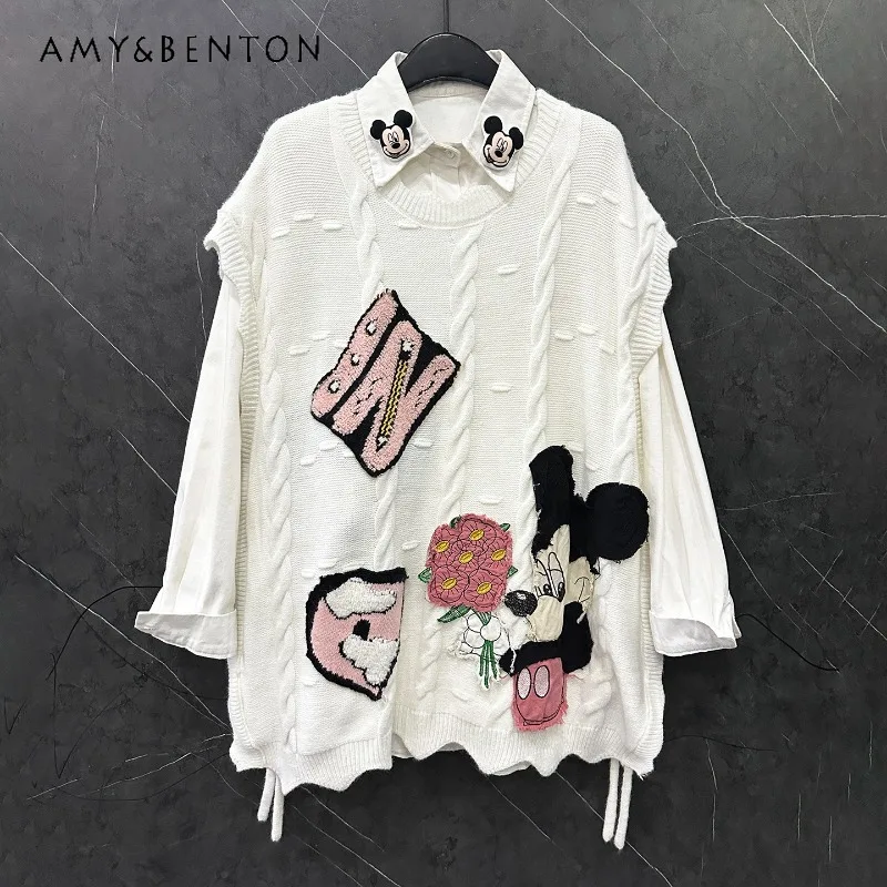 

2025 Autumn New Cartoon Strap Sleeveless Knitted Sweater Vest For Women's Loose Casual Top Waistcoat Jacket White Color Outwear