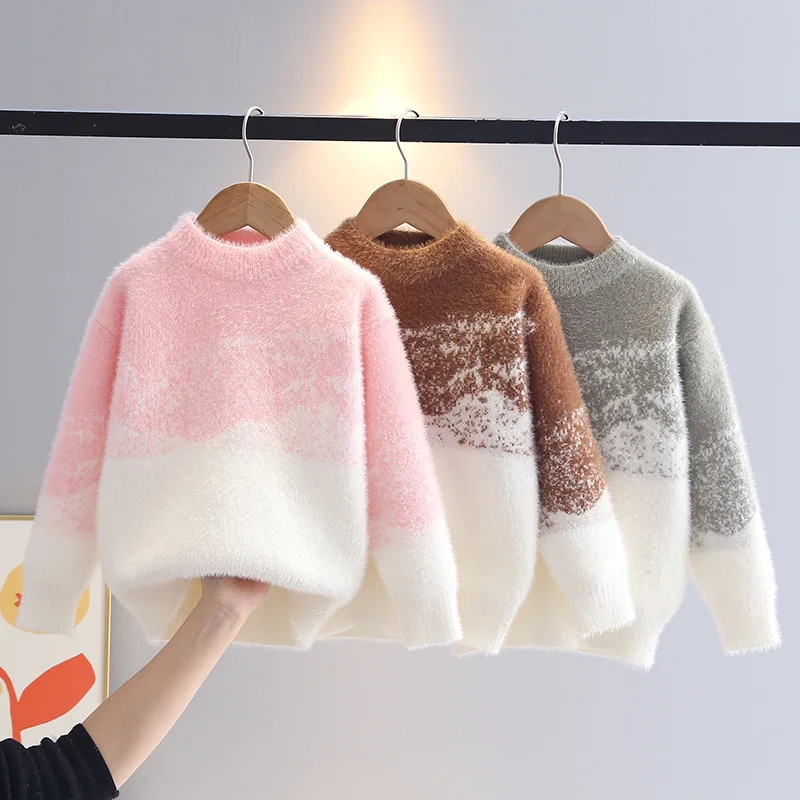 Boys Clothes Knitted Sweaters Girl Long Sleeve Fluffy Furry Patchwork Crochet Pullover Kids Knitwear Knitting Twist Tops