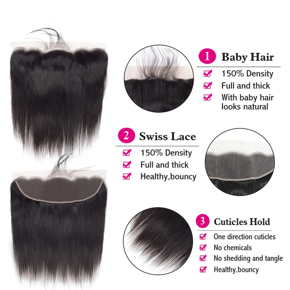 Extensiones de cabello humano virgen brasileño, accesorio con cierre frontal de encaje 13x4, de alta calidad, 3 uds.