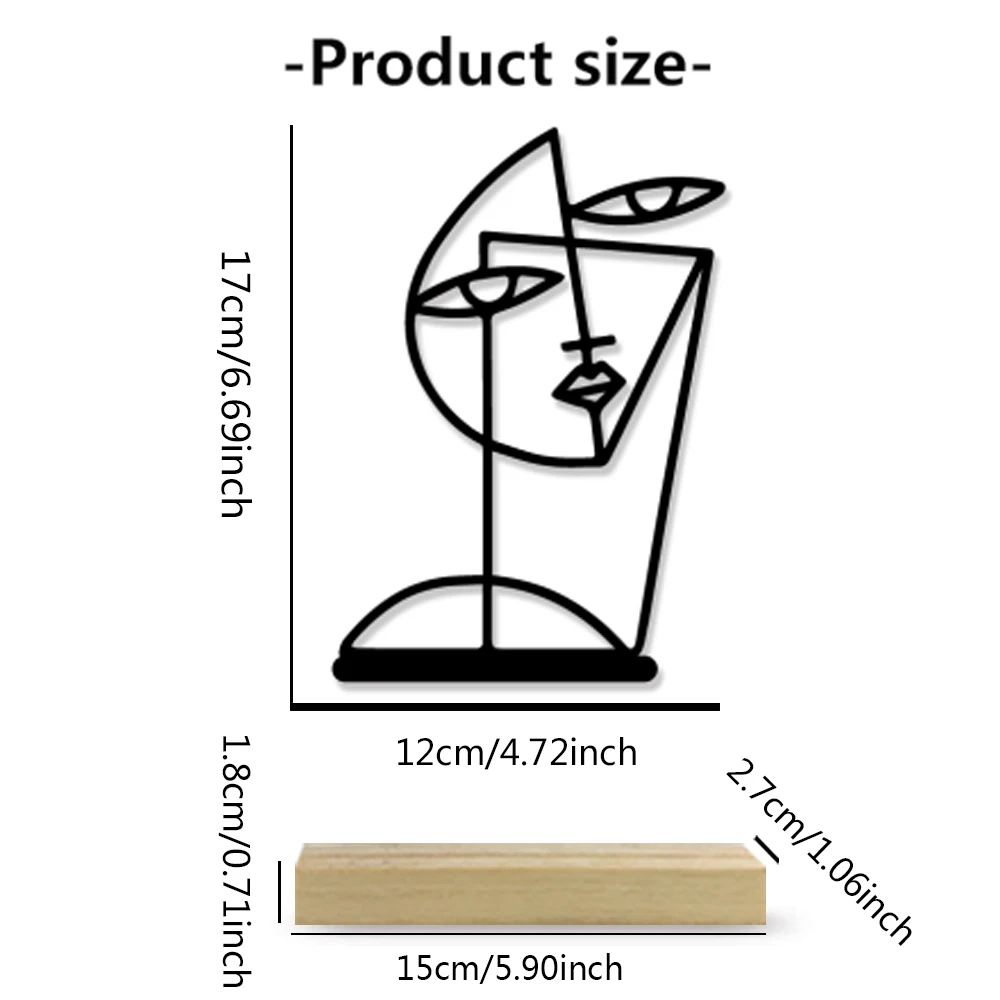 Abstract Woman Face Iron Statue With Wood Base Metal Ornament Side face Tin Sculpture Art Crafts