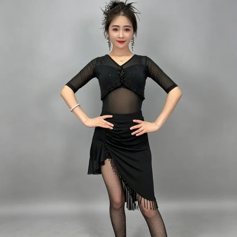 

Women Sexy Latin Dance Dress Fringe Dresses Latin Ballroom Cha Cha Rumba Tango Samba Prom Tassel Split Practice Dance Costume