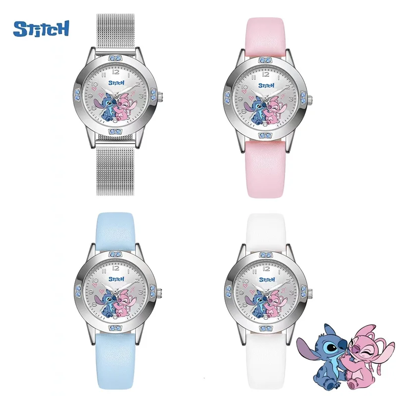 Disney Stitch zegarki dla dziewczynek diamentowy zegarek kwarcowy dla kobiet Stich Cartoon skórzane zegarki na rękę modny zegarek ze stalowym paskiem prezent