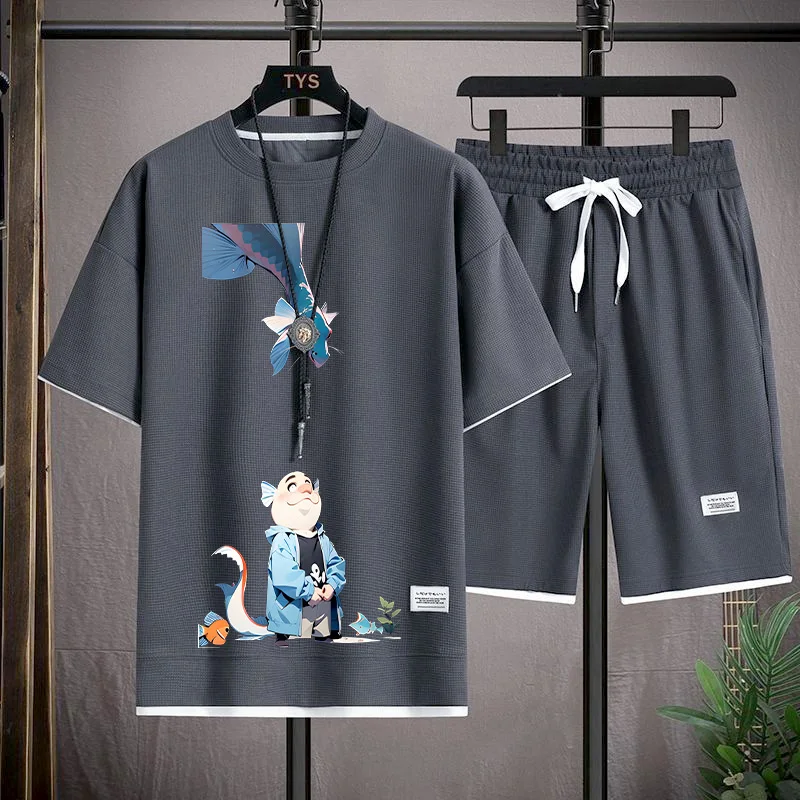 

Ice Silk Sportswear Set for Men ort Sve Lightweight Summer Outfit T-irt And Five-Quarter Pants Youth Polyester Fiber