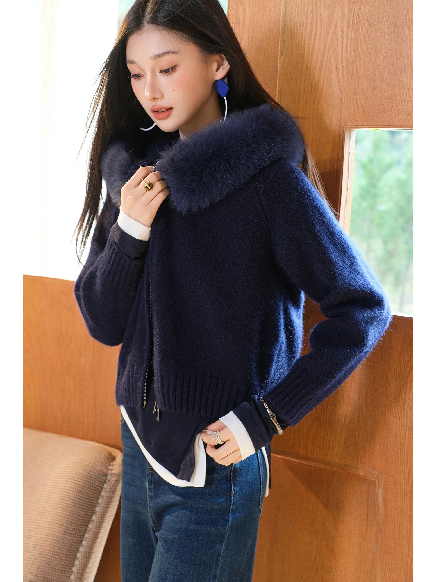 

MIUCO Lazy Fur Collar Hooded Zipper Knitted Sweater Cardigan Women's Winter Faion Versatile Design Outerwear Coat