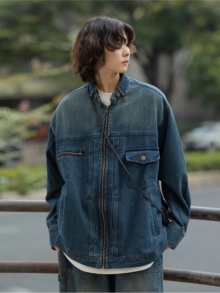 Japanese Denim Set Men Women Washed Distressed Loose Cargo Jacket+Retro Straight-leg Wide-leg Casual Jeans Street Hip Hop Suit