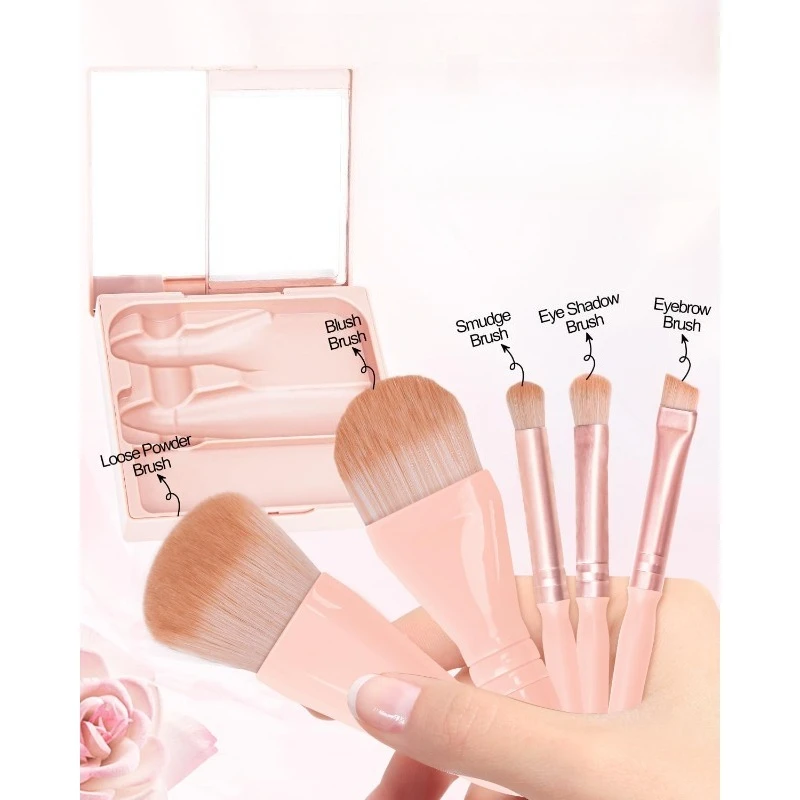 5 in1 Makeup Brushes Mini Set with Hard Case and Built-in Mirror, On the Go Brush Travel Essentials (Light Pink)