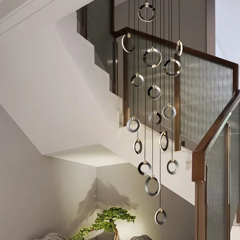 

Modern Led Staircase Chandelier Lighting Nordic Luxury Aluminum Ring Hanging Lights Living Room Dining Room Loft Home Decor Lamp
