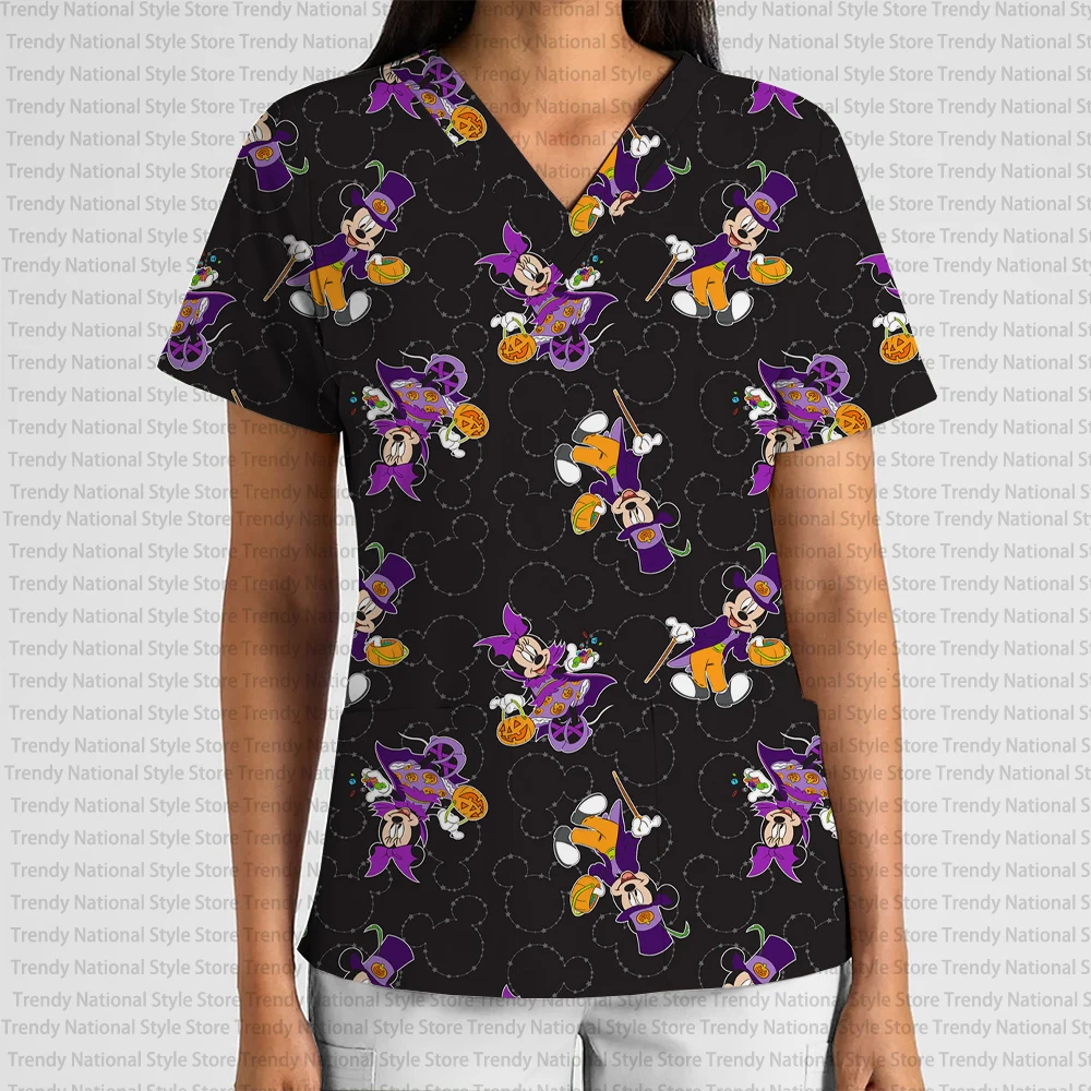 New Disney Halloween Ghost Mickey and Minnie Fashion Women's Work Uniform Scrub Top with V-Neck Pocket Hospital T-Shirt