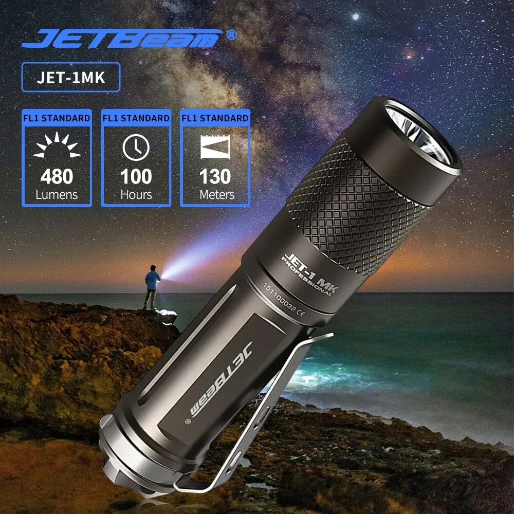 JETBEAM JET-1MK Flashlight 480LM EDC Lantern 130M Beam Distance Torch IPX8 Waterproof High Power Led Flashlights for Hiking Camp