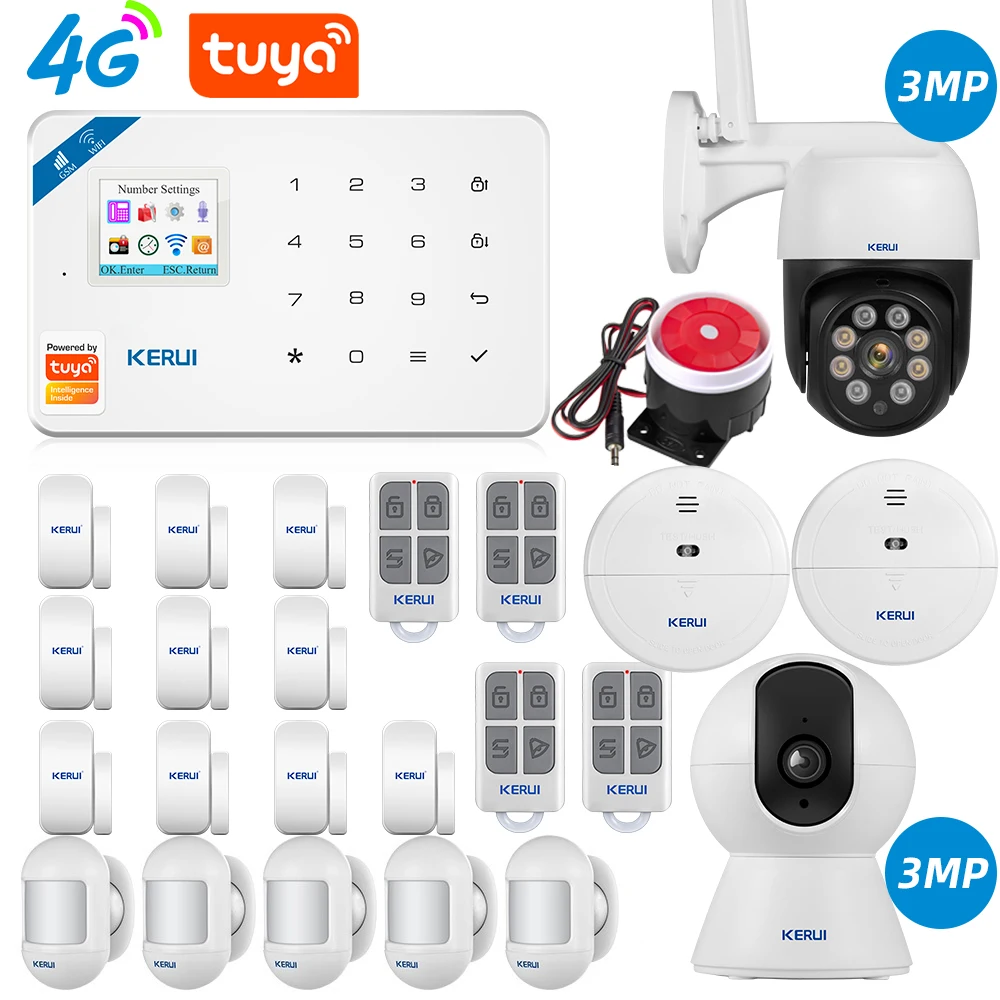 KERUI W184 Tuya 4g Smart Life 433mhz Wireless Home Security Equipment 4G Alarm Built-in Siren With Door Motion Sensor