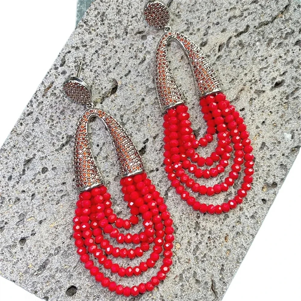 

Hot Emerald Green Beads Tassel Earrings for Women Handmade Beaded Cubic Zirconia Crystal Dangle Multi-layers Waterfall Jewelry