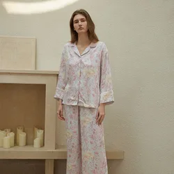 French Style Pajama Set Women with Painterly Floral Print Elegant Satin Sleepwear 2 Piece Wide Leg Loungewear Wide Leg Pants