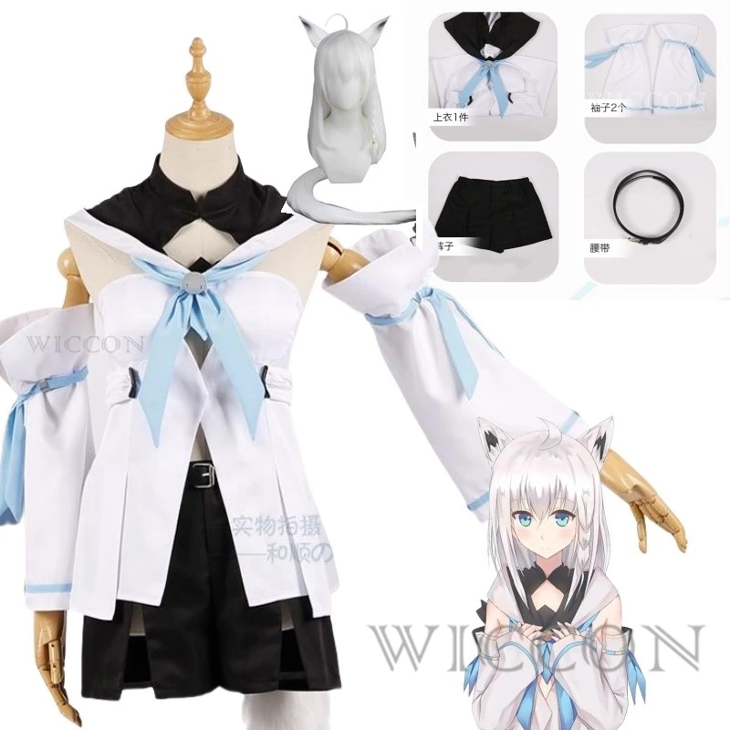Hololive Shirakami Fubuki Cosplay Costume Wig Tail Ear Halloween Party Outfit